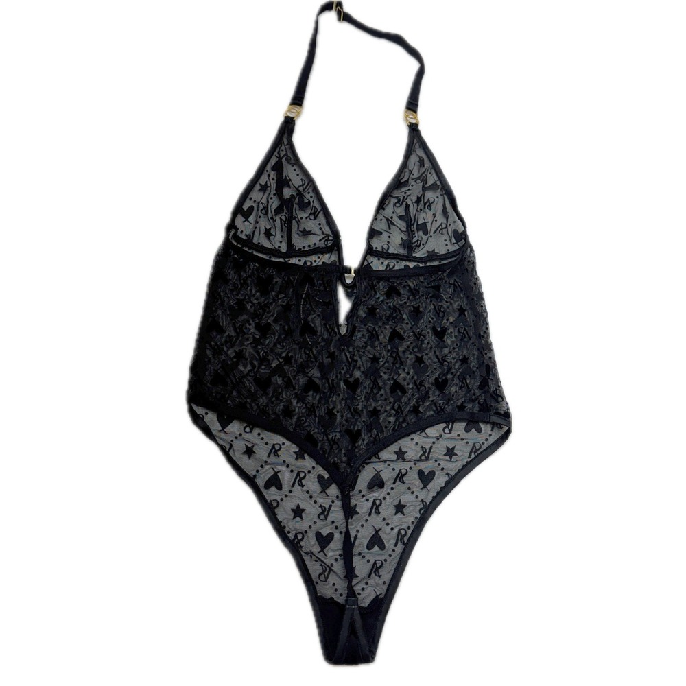 Victoria Secret Teddy Womens XS Black Lace Mesh Sheer Heart Star Logo Lingerie